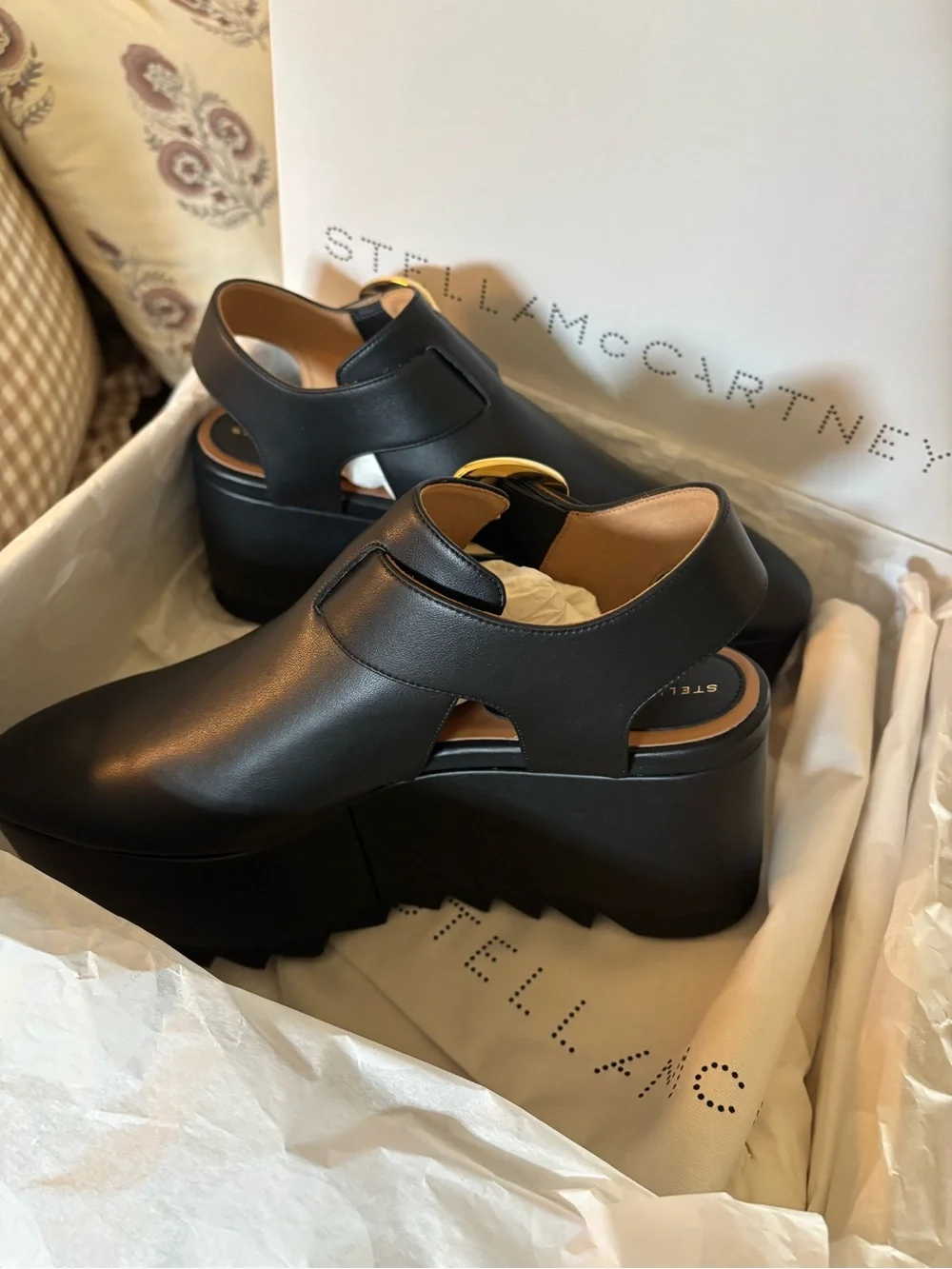 Stella McCartney Black Platform Sandals with Gold Buckle Accent